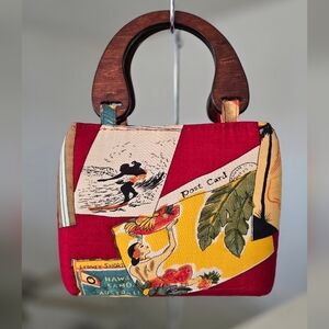 Sydney Short Postcard Colorful Hawaiian Handbag with Wooden Handles